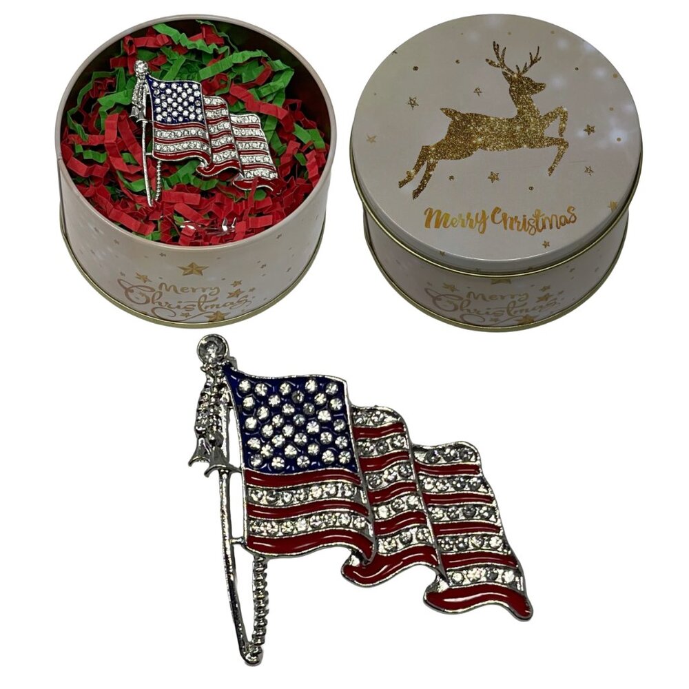 American Flag Brooch for Women and Girls with Christmas Tin - USA Pride Jewelry